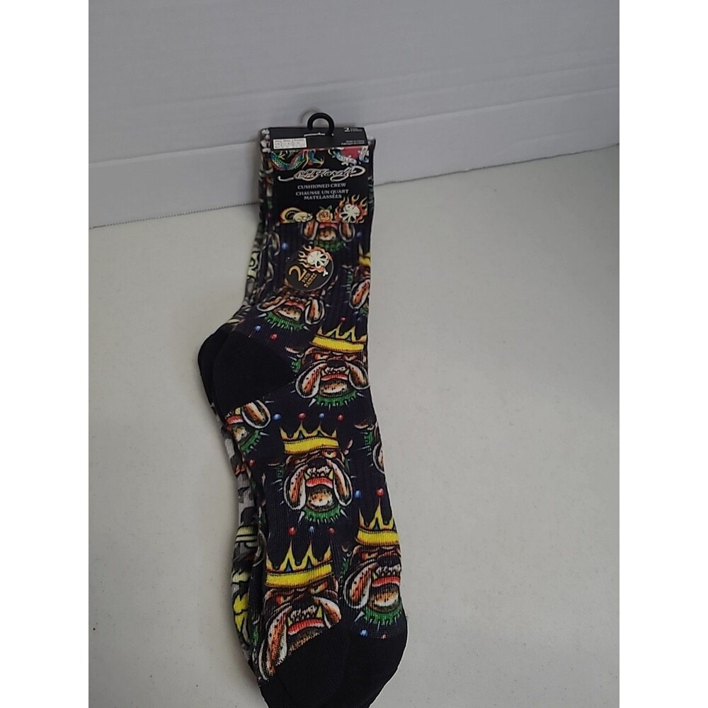 Ed Hardy 2 Pairs Socks Mens Size 6-12 Cushioned Crew Bulldogs, Eagle Black New